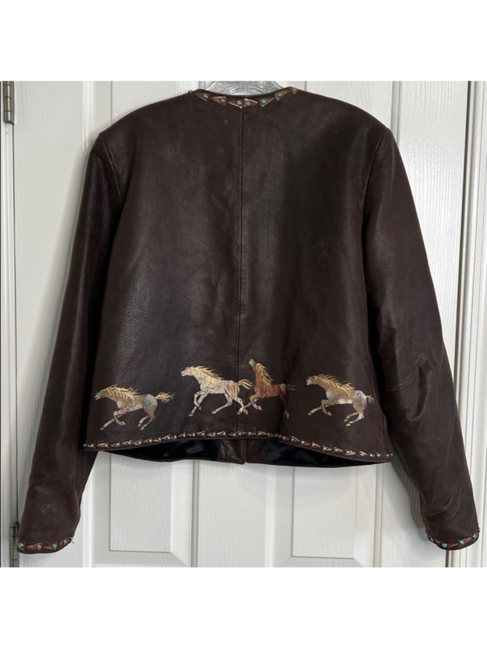 Patricia Wolf hand painted Indian ponies Leather Jacket Turquoise Studs L EUC - Picture 7 of 10